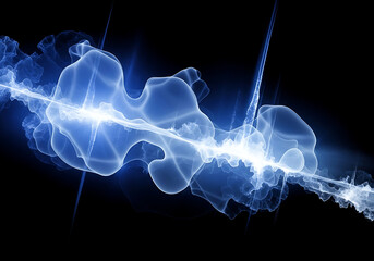 Dynamic blue energy wave pulsates with light, symbolizing power, innovation, and scientific discovery in a modern abstract composition