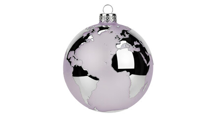 Isolated, decorative Christmas ornament with world continents, new year sphere, sphere design