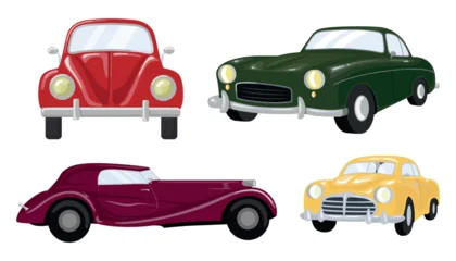 Fototapete Rund Cartoon Auto Set of vintage cars in cartoon style. Vector illustration of luxury multi-colored models of passenger cars, side and front view: red, green, dark crimson, yellow isolated on white background.  © MVshop
