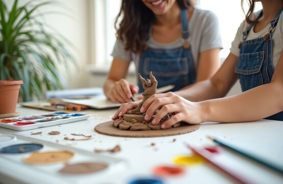 Two female art students create sculpture from clay. Woman sculpts with artist friend in creative studio. Girls wear blue denim overalls and smile with hobby. Students study together.