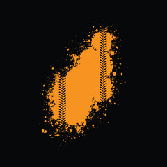 Orange abstract splash with tire tracks on black background grunge texture effect