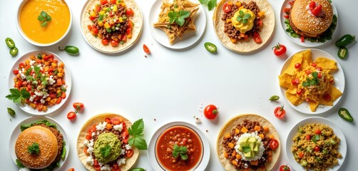 Various Mexican dishes on a white background. These include tacos nachos burgers soup and more. This colorful photo is a top view with copy space.