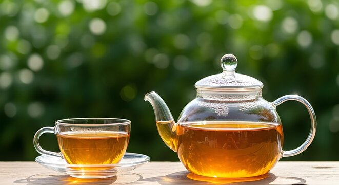 Glass teapot and cup filled with amber tea outdoors - Powered by Adobe