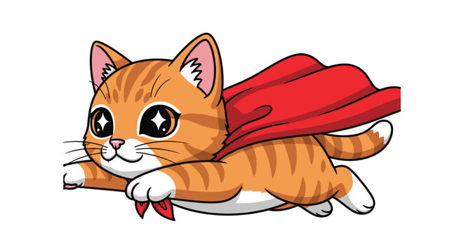 Cute Superhero Tabby Cat Flying with Red Cape