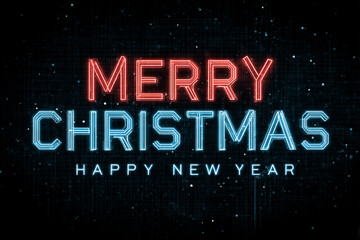 A vibrant greeting card showcases bright neon letters displaying the message Merry Christmas and Happy New Year. The sleek, high-tech style sets a festive mood suitable for holiday cheer