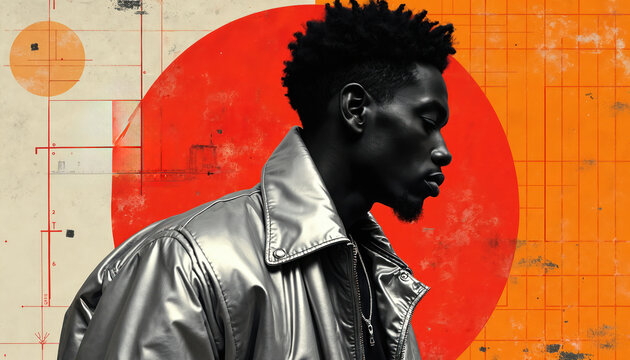 Stylish portrait of a black man with closed eyes. Artistic graphic retro style art piece. Grunge mixed media element with red circle and orange grid background.