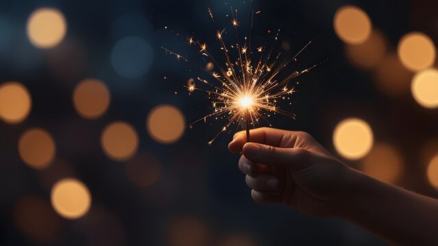 Brightly burning golden sparkler held carefully in a human hand against a deep blue and black background filled with beautifully blurred festive bokeh lights.