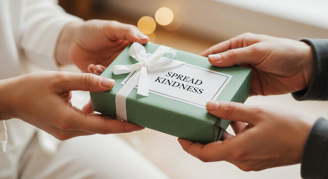 Hands Exchanging a Gift Box with 'Spread Kindness' Label for Charity Awareness, Holiday Giving Campaigns, and Heartwarming Social Media Content - Powered by Adobe