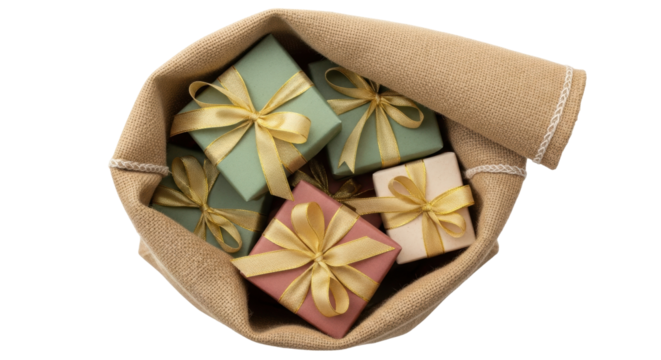 Isolated still life of presents with gold ribbons in burlap sack for holiday season, surprise