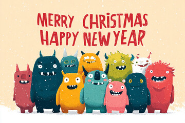 Colorful and friendly monsters gather together, showcasing a festive spirit for Christmas and New Year. They display joy and excitement in a playful scene filled with holiday cheer