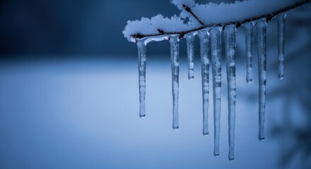 Icicles hanging from a branch in a winter landscape at dusk creating a serene and chilly atmosphere