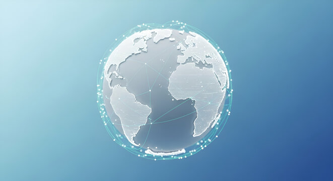 Abstract visualization of global digital connectivity and data exchange, showcasing a glowing Earth with a sophisticated network of lines and nodes for modern communication