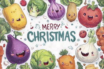 Colorful cartoons of happy vegetables surround a festive greeting for Christmas and New Year. The scene radiates fun and cheerfulness for the holiday season, perfect for celebrations