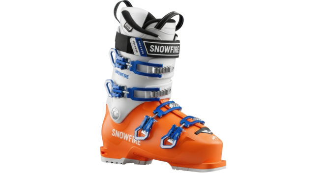 Isolated bright ski boot, ready for winter snow sports in mountains, equipment view - Powered by Adobe