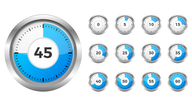 Collection of realistic silver timers showing different time intervals from 0 to 60 with blue indicator zones