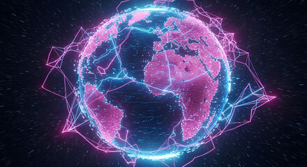 Digital Futuristic Earth Network Connection Glows with Neon Blue and Pink Lights