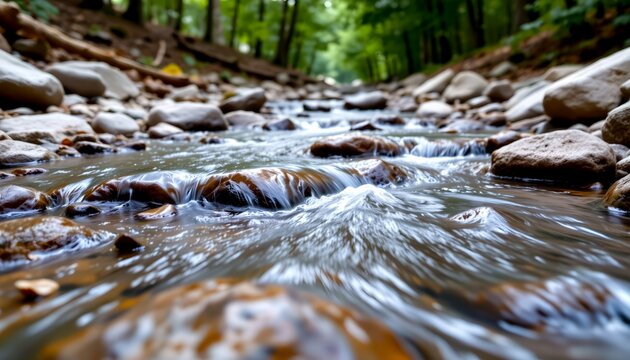 close up of crystal clear mountain stream flowing over smooth rocks, soft motion blur water effect, moss covered stones, tranquil forest background, natural daylight photography - Powered by Adobe