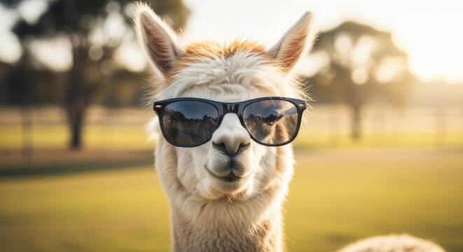 Close-up of a white alpaca wearing black sunglasses in a grassy field, looking at the camera.
