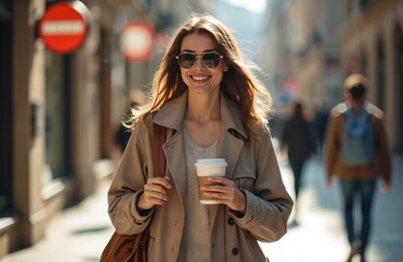 Smiling young woman walks city street with coffee in hand. Brunette female wears stylish outfit sunglasses during sunny day. Happy girl enjoys urban life concept.