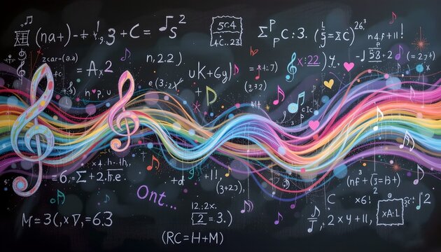 artistic chalk illustration of equations blending into music staves and rainbow waves — pastel chalk texture on blackboard, abstract fusion of logic and emotion