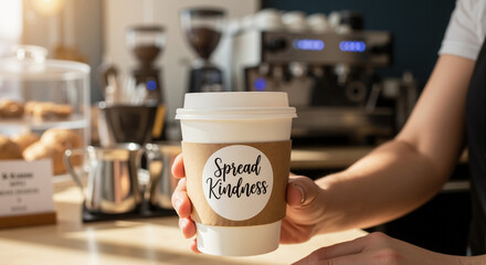 Hand Holding Coffee Cup with "Spread Kindness" Message in Cozy Café Setting for Charity Initiatives, Social Media Campaigns, and Community Awareness Projects