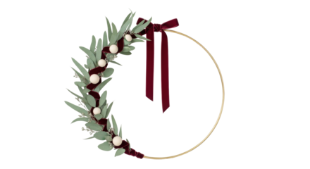 Isolated Christmas wreath made of eucalyptus, white balls, velvet ribbon, no background