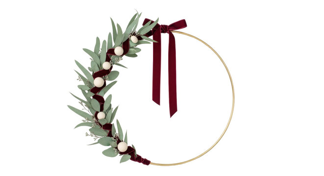 Isolated Christmas wreath made of eucalyptus, white balls, velvet ribbon, no background - Powered by Adobe