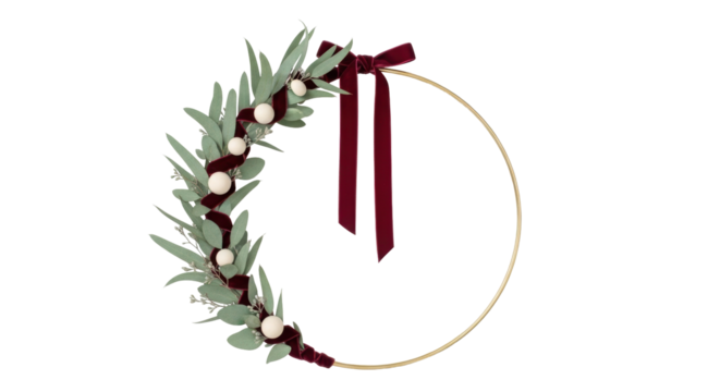 Isolated Christmas wreath made of eucalyptus, white balls, velvet ribbon, no background