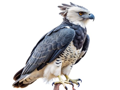 A majestic harpy eagle, a powerful bird of prey known for its striking crest and formidable talons, isolated on a transparent background