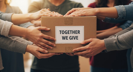 Hands Collaborating to Share a Donation Box with Together We Give Message for Charity Campaigns, Philanthropic Websites, Social Media Posts, and Community Initiatives