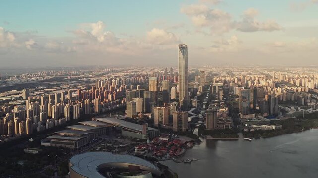 CBD buildings by Jinji Lake in Suzhou, China 4K