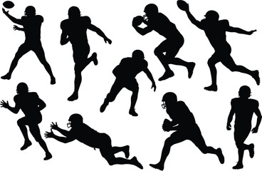 American football silhouettes, athlete action poses, helmeted players, running, throwing, catching, tackling, sports motion, gridiron energy,