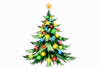 Obraz premium Vibrant Christmas Tree Illustration Adorned with Multicolored Lights and a Golden Star Topper on a White Background Celebrating Festive Holiday Spirit