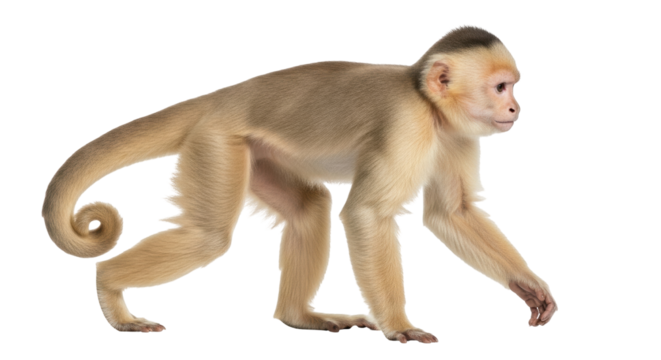Isolated Cebus monkey walking slowly, a charming primate with light brown fur looking around