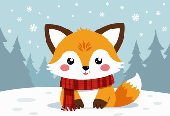 Obraz premium Adorable cartoon fox wearing a red scarf sitting in a snowy winter forest with fir trees and snowflakes falling lightly from the sky