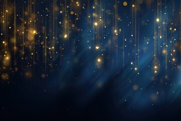 Abstract background of golden particles falling on a dark blue backdrop