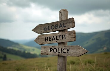 Wooden signpost with words global health policy in nature. Directional sign indicates concepts related to world issues. Conceptual image covers important topics for articles.