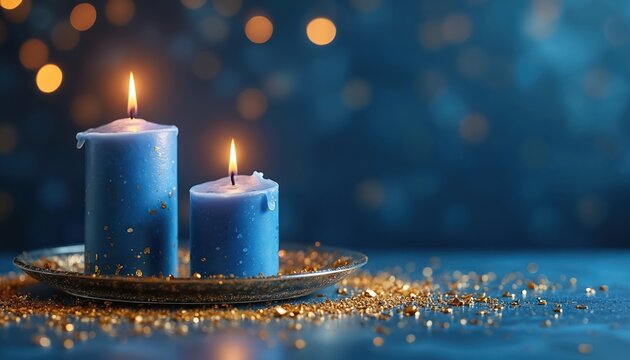Illustration of blue candles on golden plate with gold confetti. Warm light from flames creates cozy feeling. Perfect for celebratory events or peaceful moments