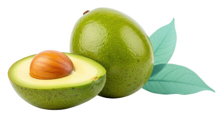 Isolated avocado fruit with cut half, whole hass avocado and leaves, tropical food concept