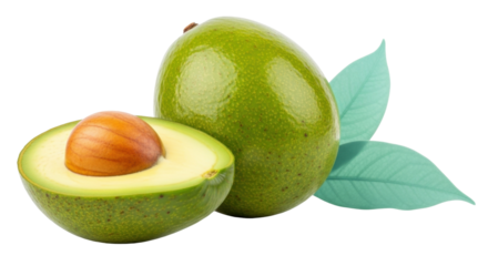 Isolated avocado fruit with cut half, whole hass avocado and leaves, tropical food concept