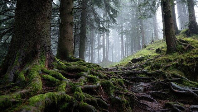 Misty forest path with moss-covered roots (2)
