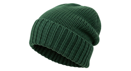 Isolated woolen green knitted beanie hat folded warm style with ribbed cuff for men or women