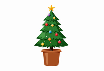 Festive Decorated Christmas Tree in a Pot with Colorful Ornaments and Star Topper on a White Background for Holiday Cheer and Seasonal Celebration