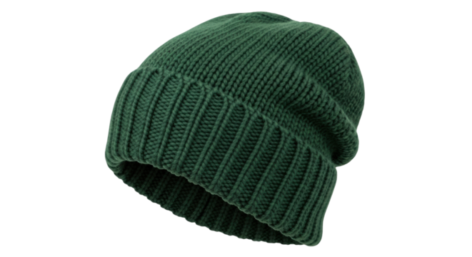 Isolated woolen green knitted beanie hat folded warm style with ribbed cuff for men or women