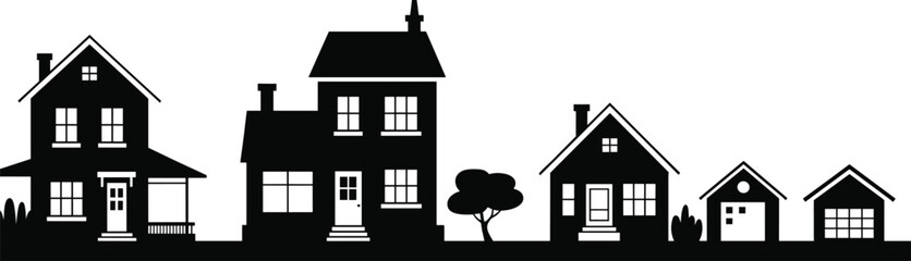 Silhouette, residential buildings, suburban houses, architecture, rooftops, chimneys, tree, shed, garage, neighborhood, skyline, contrast, windows, doors, evening, peaceful, quiet, home, 