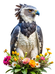 Obraz premium Majestic harpy eagle perched regally amidst a vibrant bouquet of colorful wildflowers and lush green foliage, isolated on transparent background