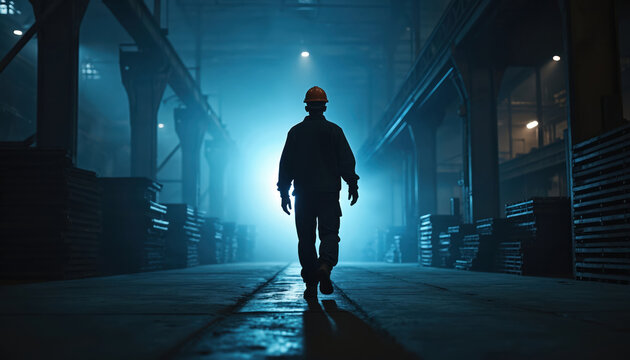 Man in hard hat walks through dark industrial factory interior. He wears safety gear and work uniform. Stacks of metal parts line the hall. Light beams through fog. - Powered by Adobe