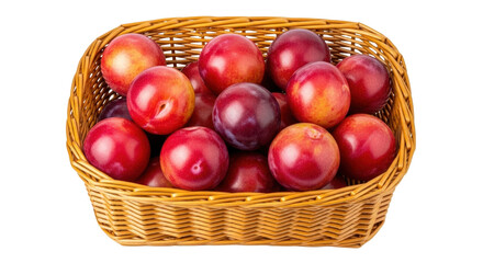 Isolated ripe plums in wicker basket fresh fruit harvest seasonal food healthy eating
