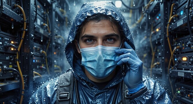 data center technician in protective suit checking server connections during critical system failure