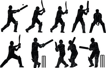Cricket Player Batsman Silhouettes Vector Set, Dynamic Sport Action Poses Batting Hitting Ball Collection, Athlete Movement Black Shapes